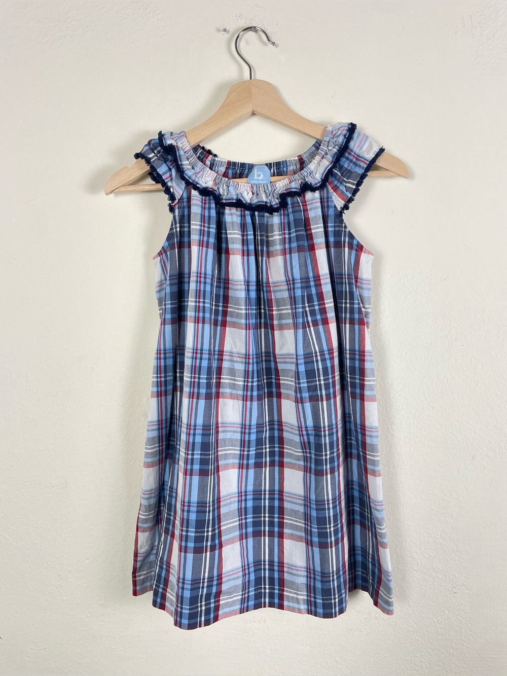 Bella Bliss Girls 8 Blue Red Plaid Ruffle Neck Dress Classic Preppy Nautical